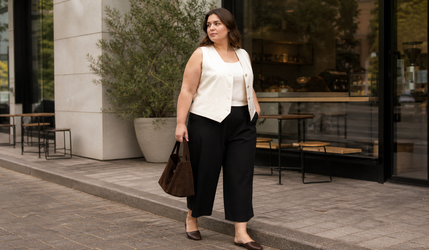 Milk-colored vest and black culottes in an urban look