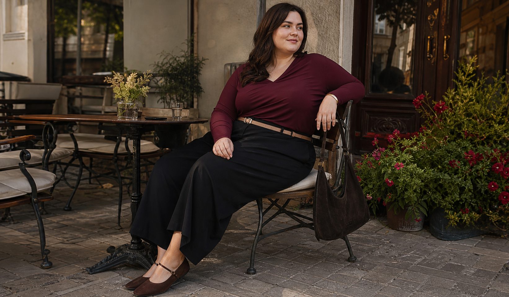 Marsala long sleeve with black culottes in a cafe