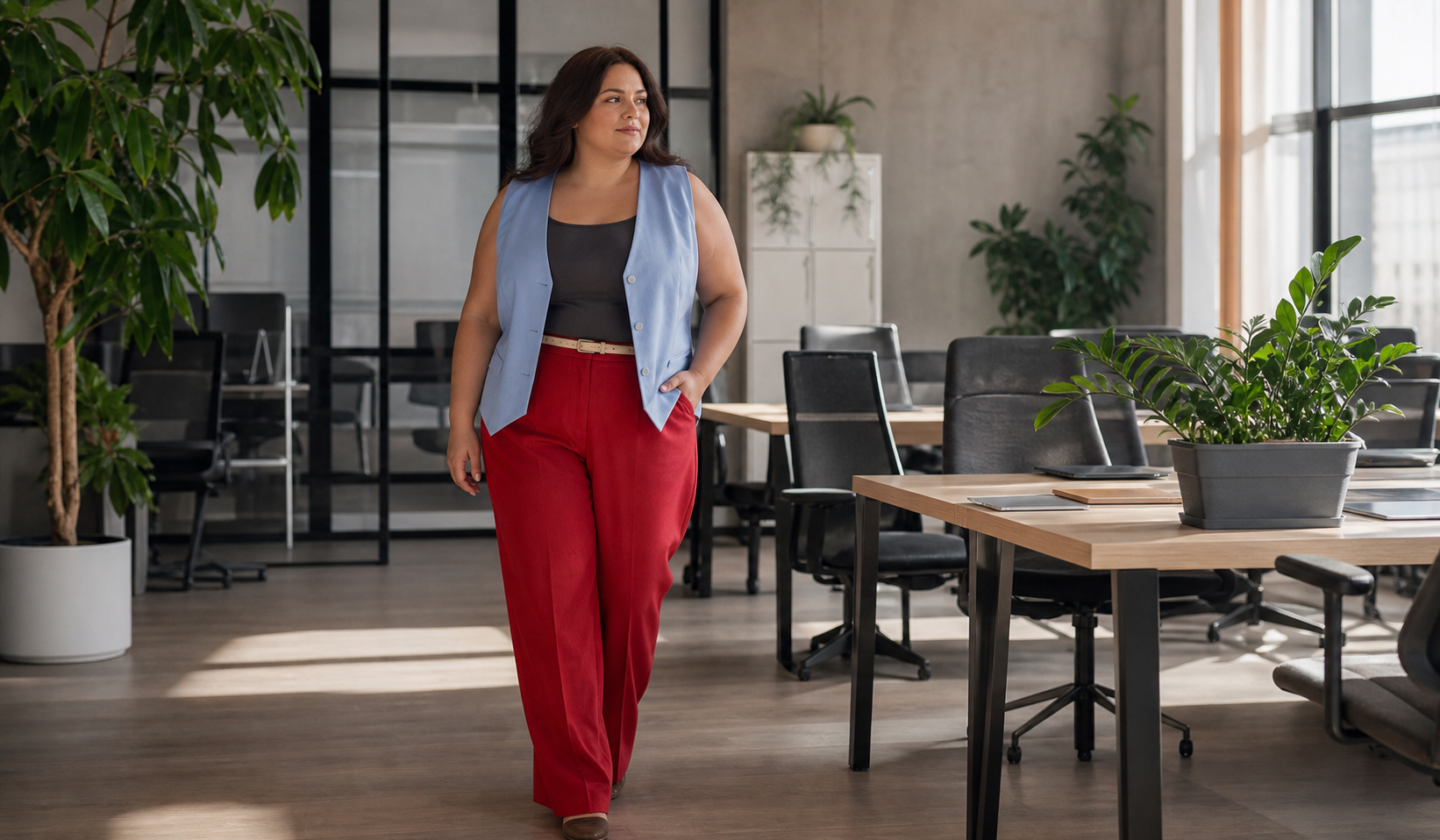 Blue vest, graphite tank top, and red trousers