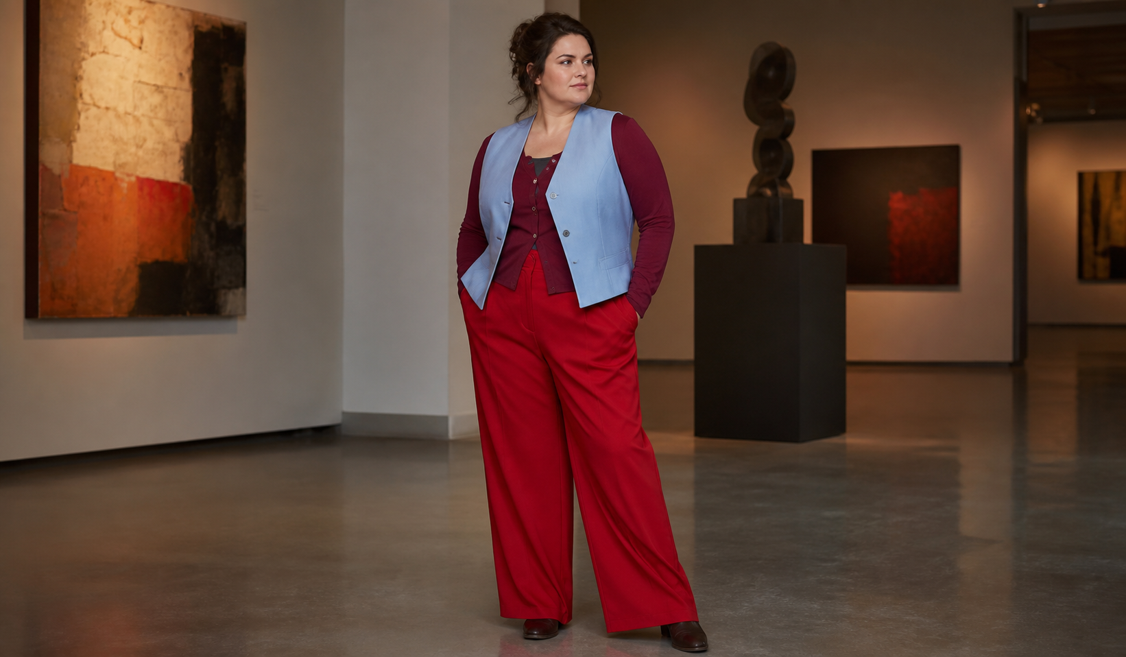 Red trousers, a Marsala long sleeve shirt, and a blue vest in the evening