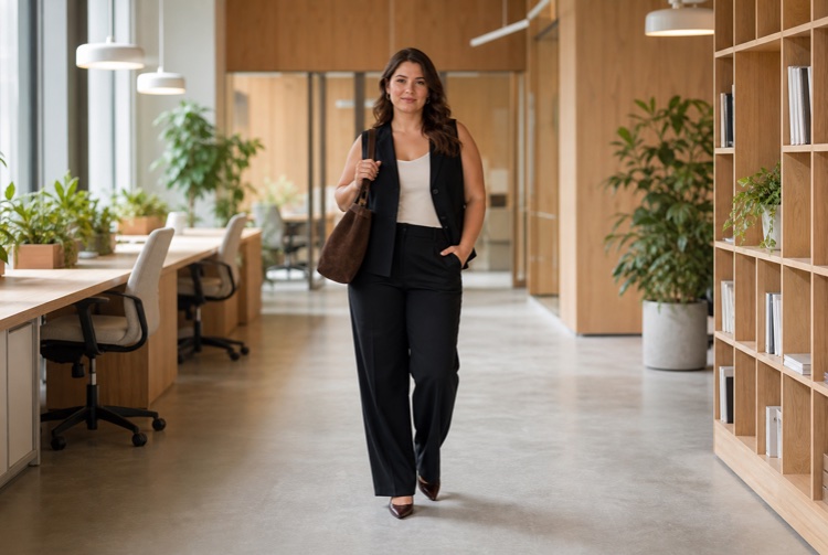 Black vest with a milky tank and black pants in a coworking space