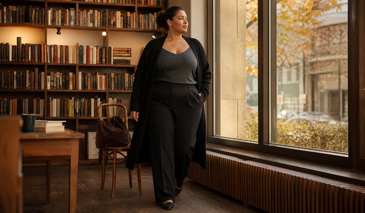 Black cardigan, graphite tank top, and black trousers at the bookstore
