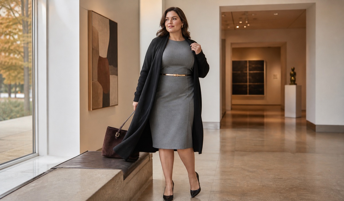 Gray office dress with a black cardigan and a gold belt in the gallery