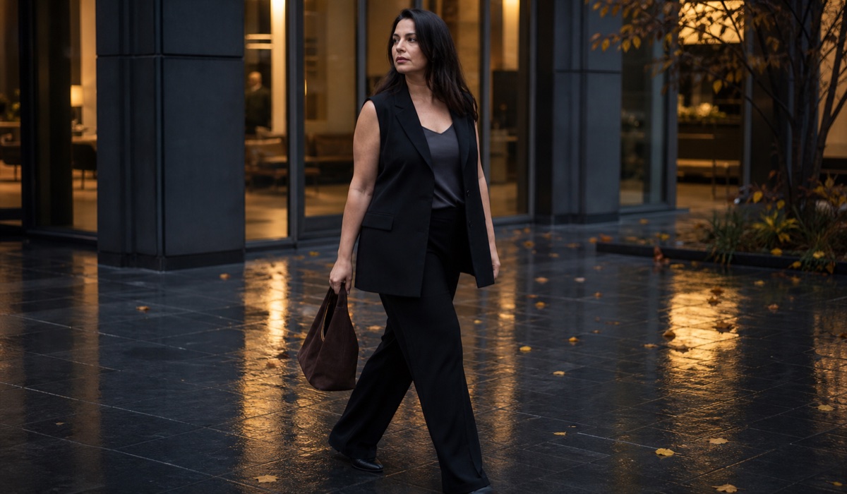 Black vest and graphite tank top for the office in autumn