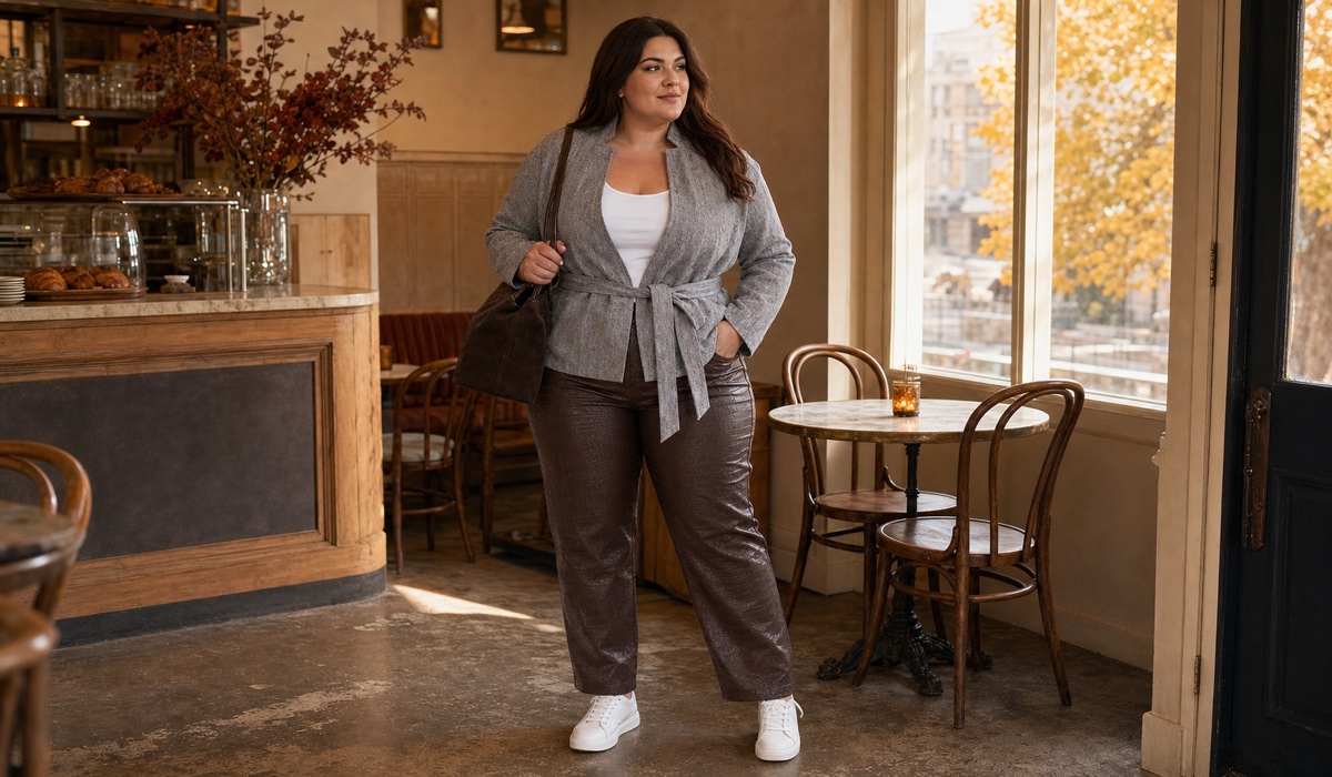 Gray jacket with chocolate pants and a bag for the spring cafe