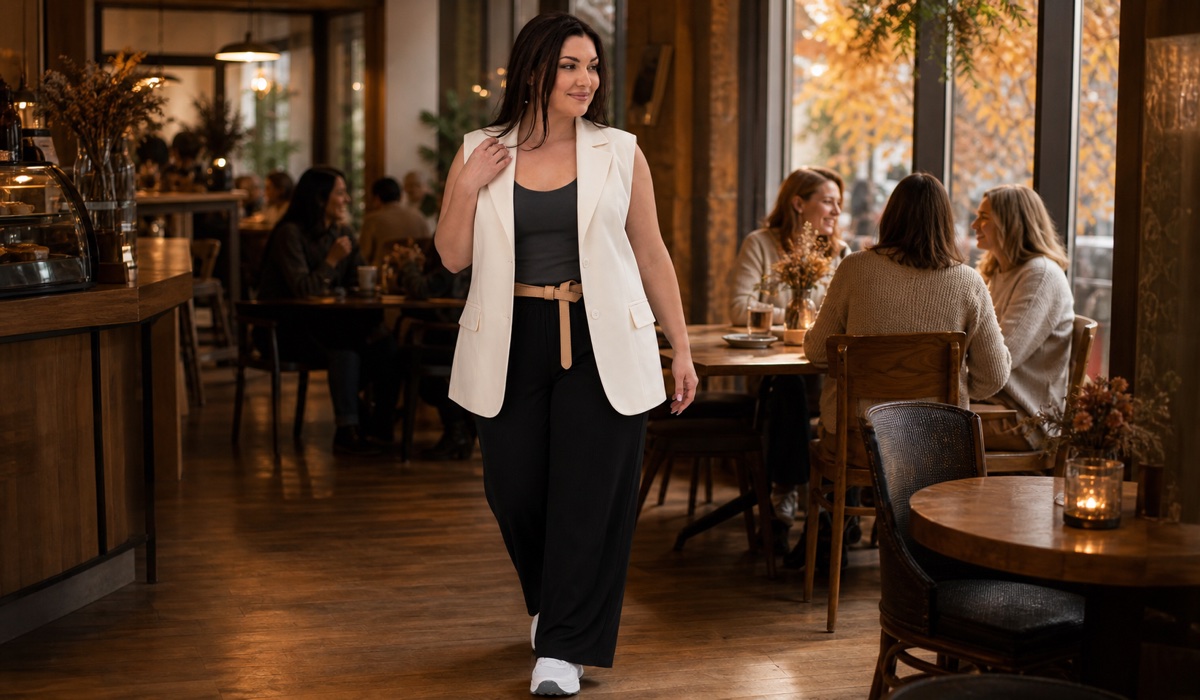 Milk vest with a graphite T-shirt and black pants