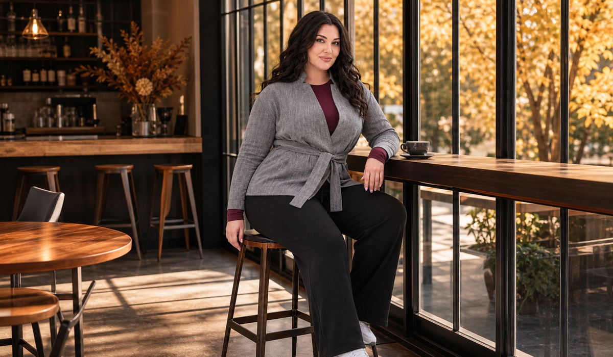 Gray jacket and Marsala long sleeve at the cafe