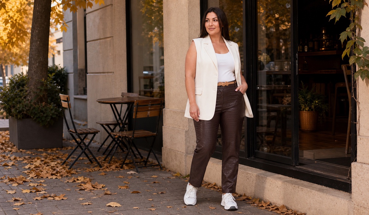 Milk vest with brown textured spring pants