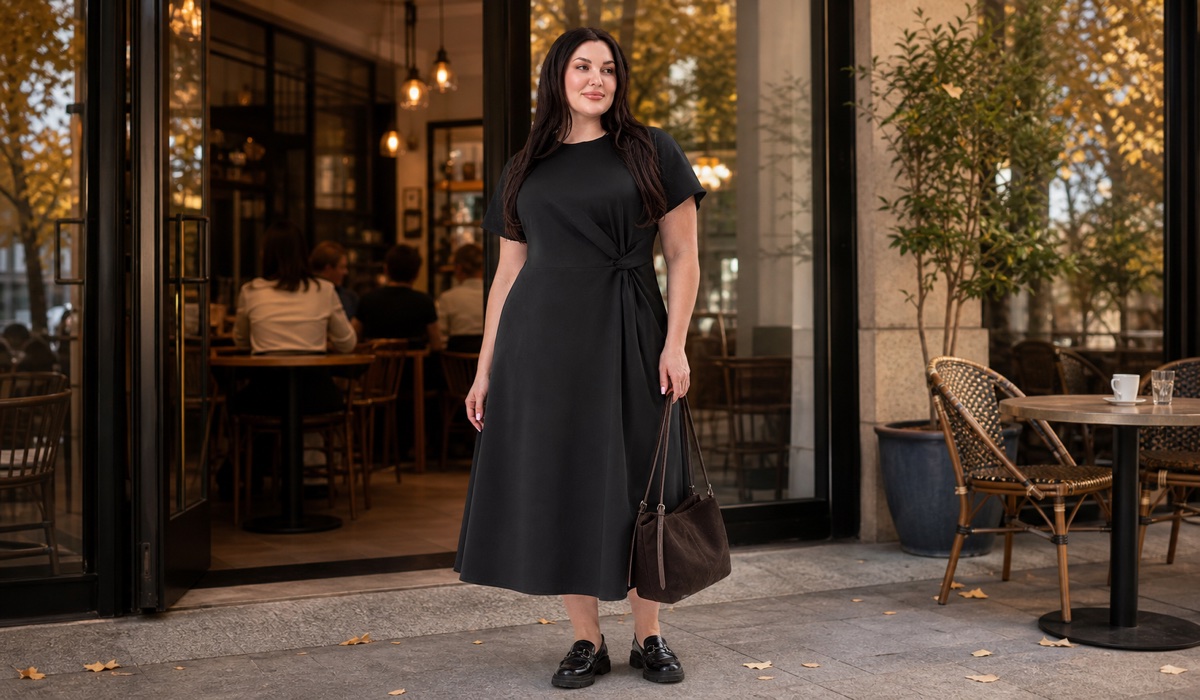 Black cloth with a chocolate suede bag from the Cafe