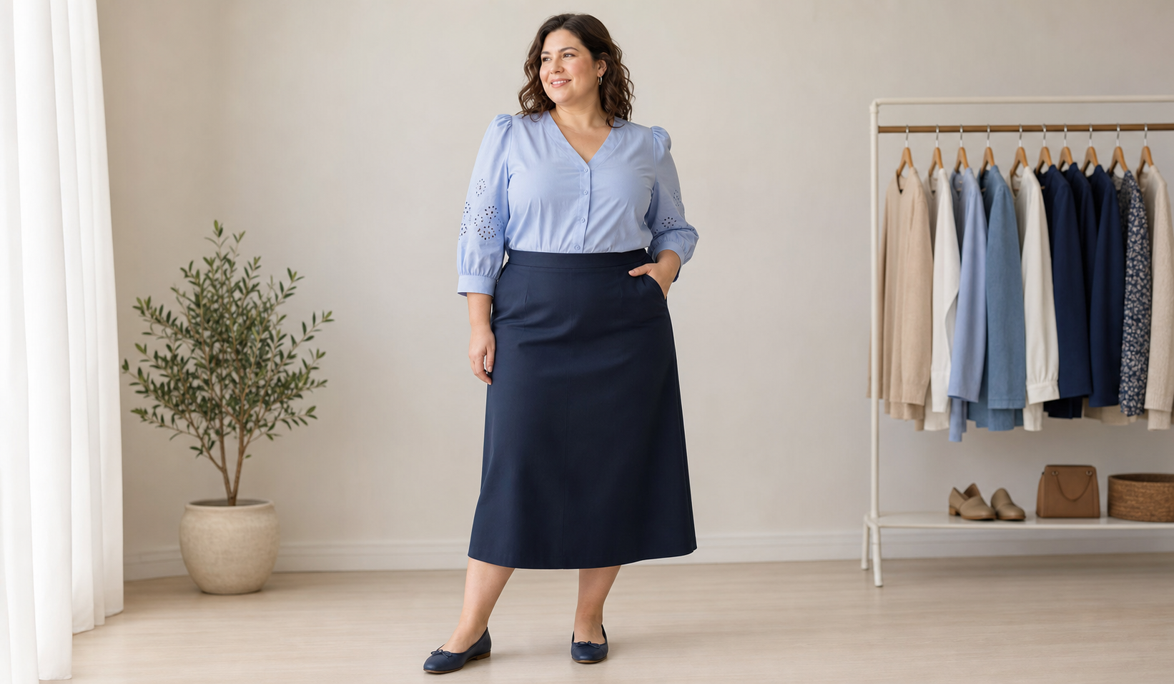 Plus-Size-Look für eine umgekehrte Dreiecksfigur mit einem locker fallenden Oberteil und voluminösen Hüften
