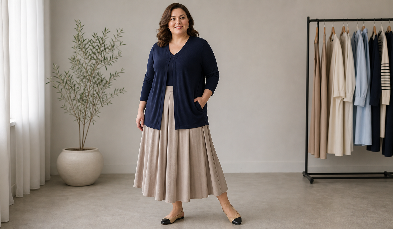 Plus-Size-Looks für Birnenfiguren mit Betonung des Oberteils