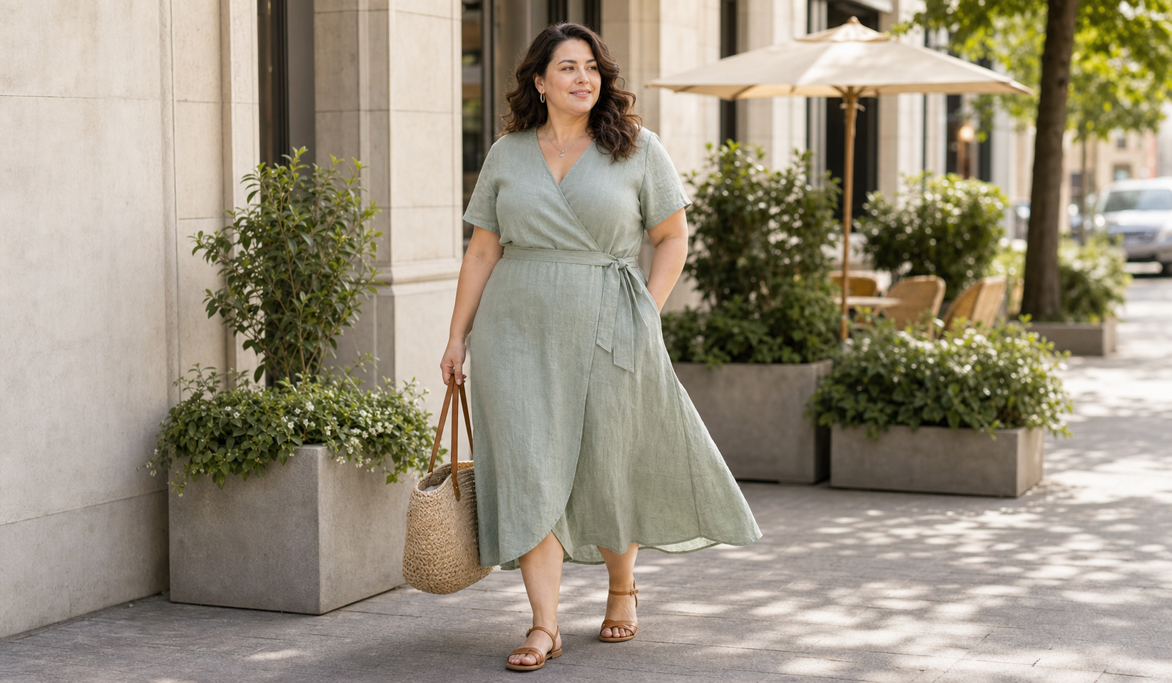 Жінка Plus Size у легкій лляній сукні міді влітку