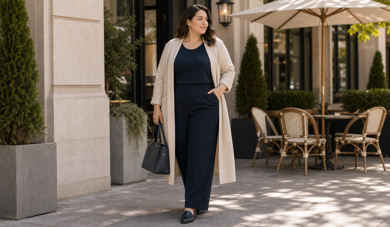 Цветовая вертикаль в Plus Size образе с пальто или кардиганом