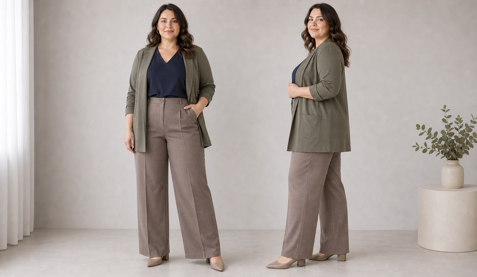Посадка одежды plus size на модели во фронтальном и боковом ракурсе
