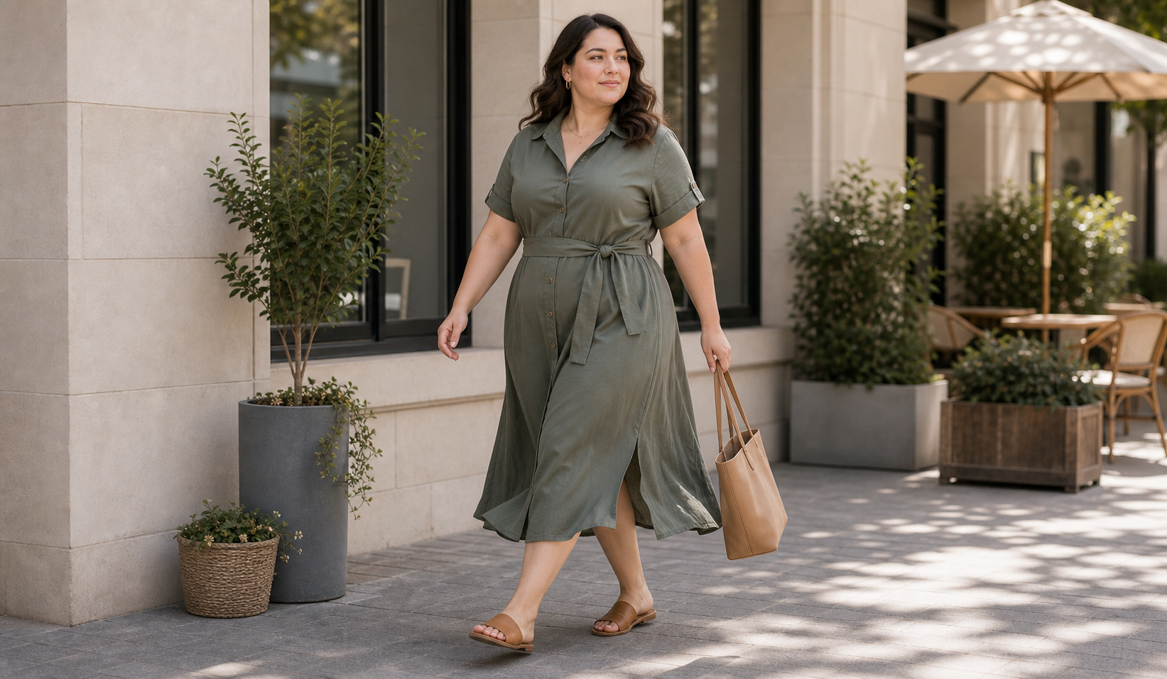 Plus size модель в движении для демонстрации посадки одежды