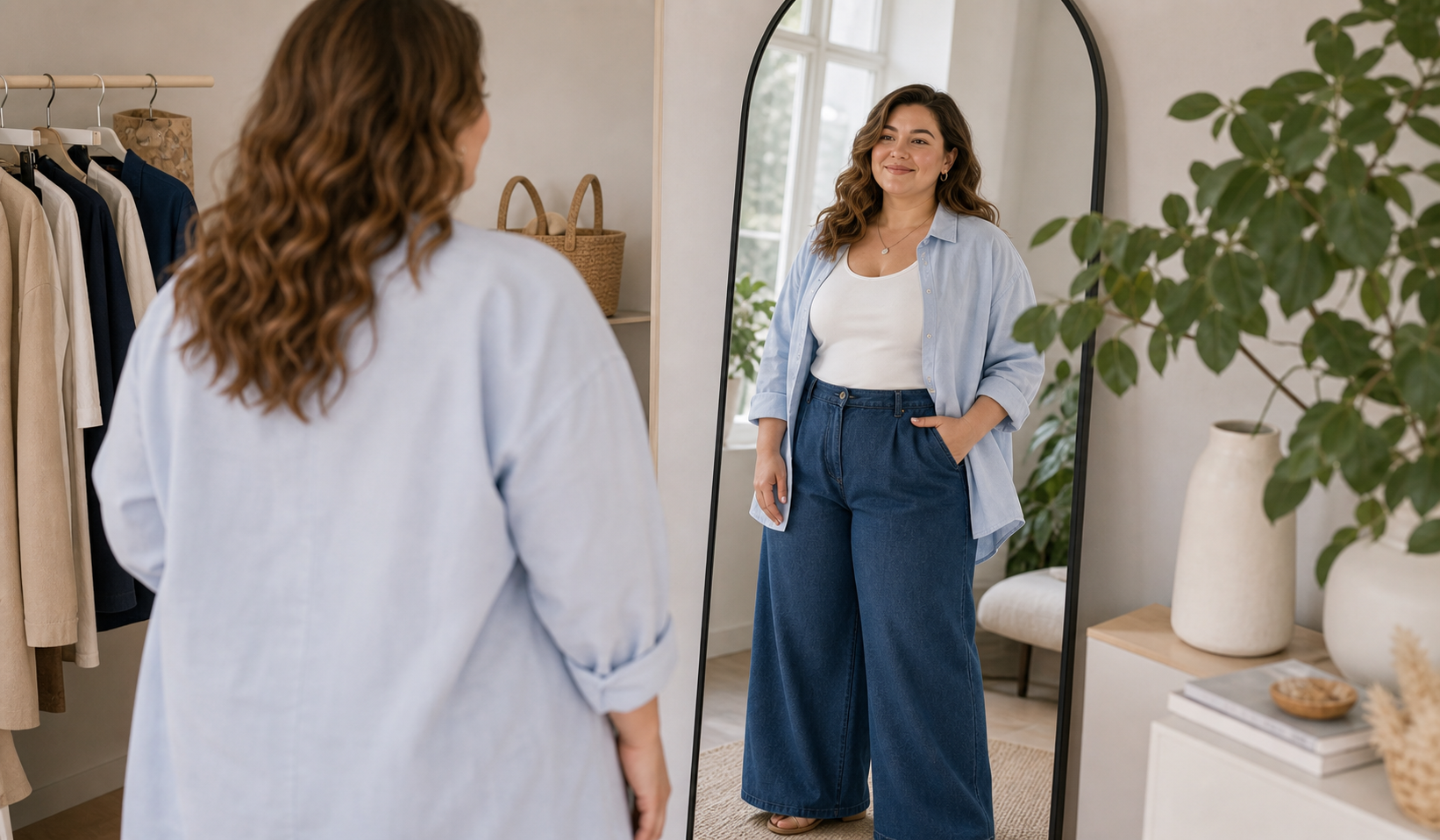 Жінка Plus Size усміхається собі в дзеркалі та вчиться бачити себе красивою