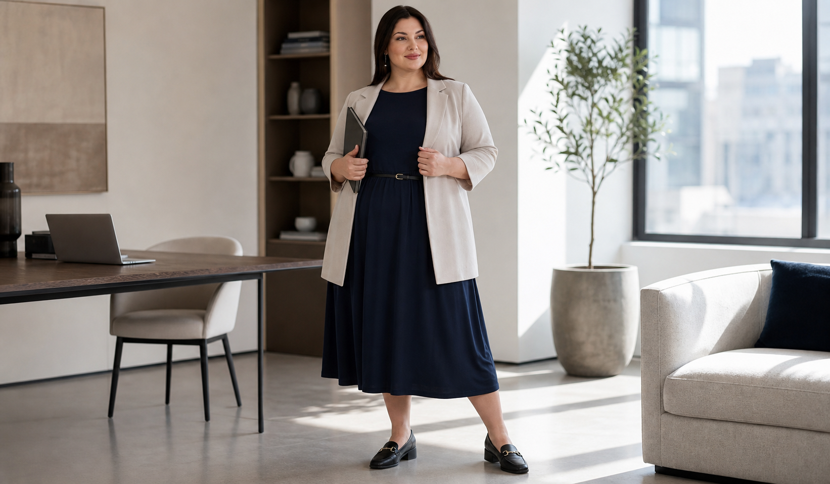 Plus-Size-Midikleid fürs Büro mit Blazer für einen professionellen Look
