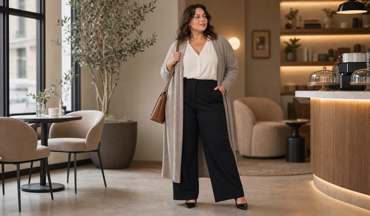 Образ Plus Size з довгим кардиганом і вертикальною лінією