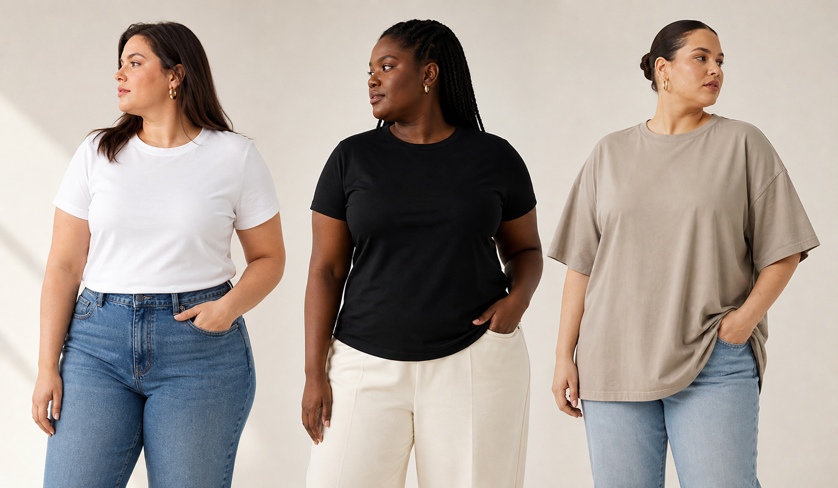 Три футболки Plus Size у базових кольорах на моделях різної посадки