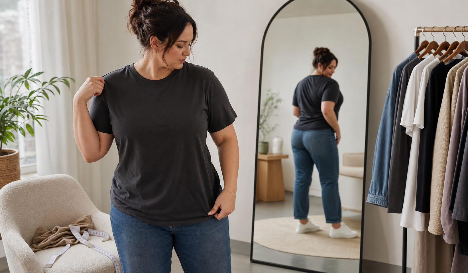Примірка футболки Plus Size з перевіркою плечей і лінії низу