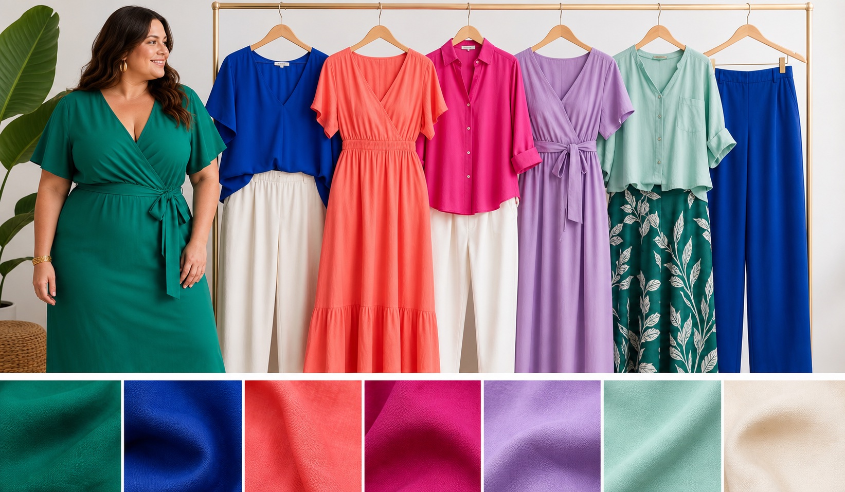 Leuchtende Farben in einer Sommergarderobe für große Größen: Kleider und Blusen