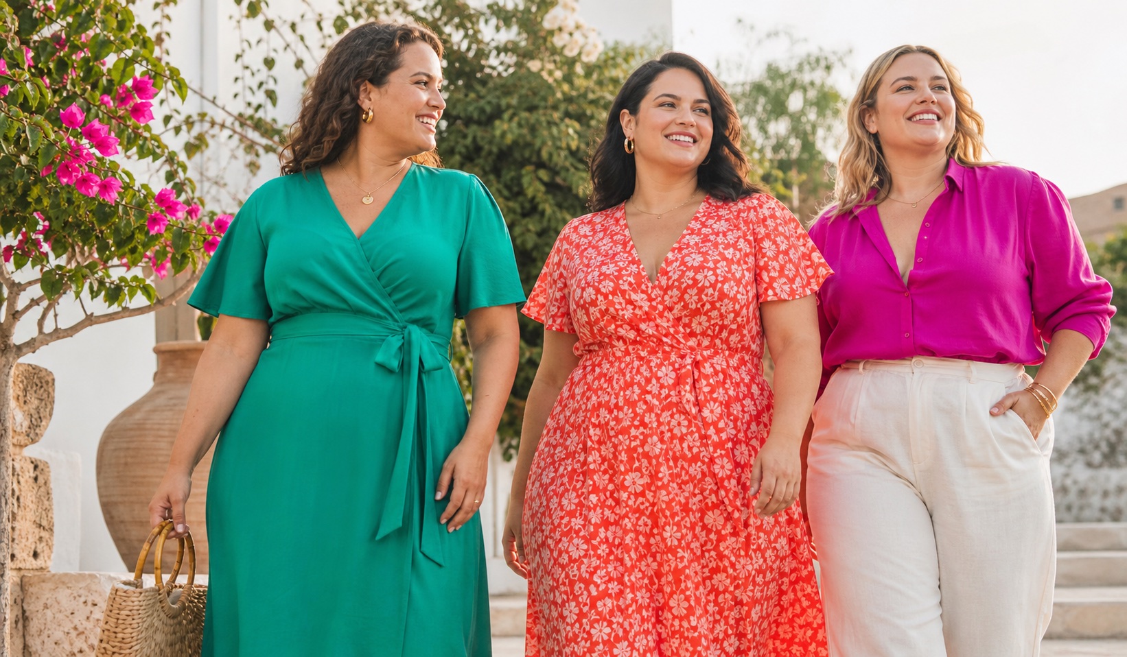 Strahlende Sommer-Looks für Plus-Size-Frauen mit farbenfrohen Kleidern und leichten Stoffen