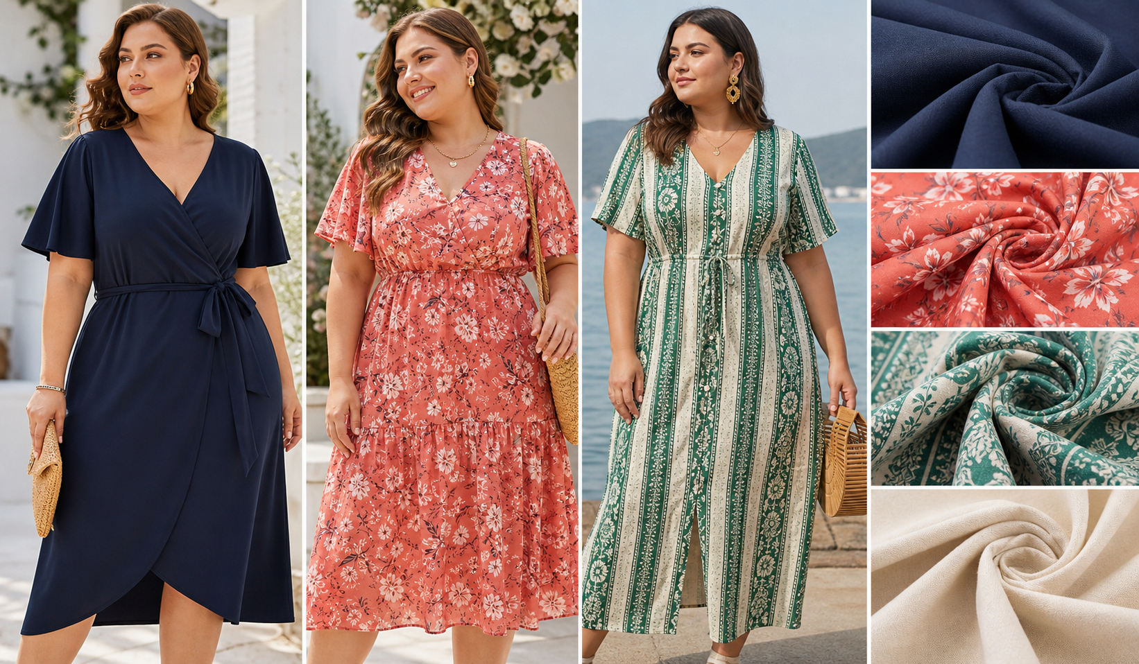 Plus-Size-Kleider in verschiedenen Farben, Mustern und Texturen für den Sommer