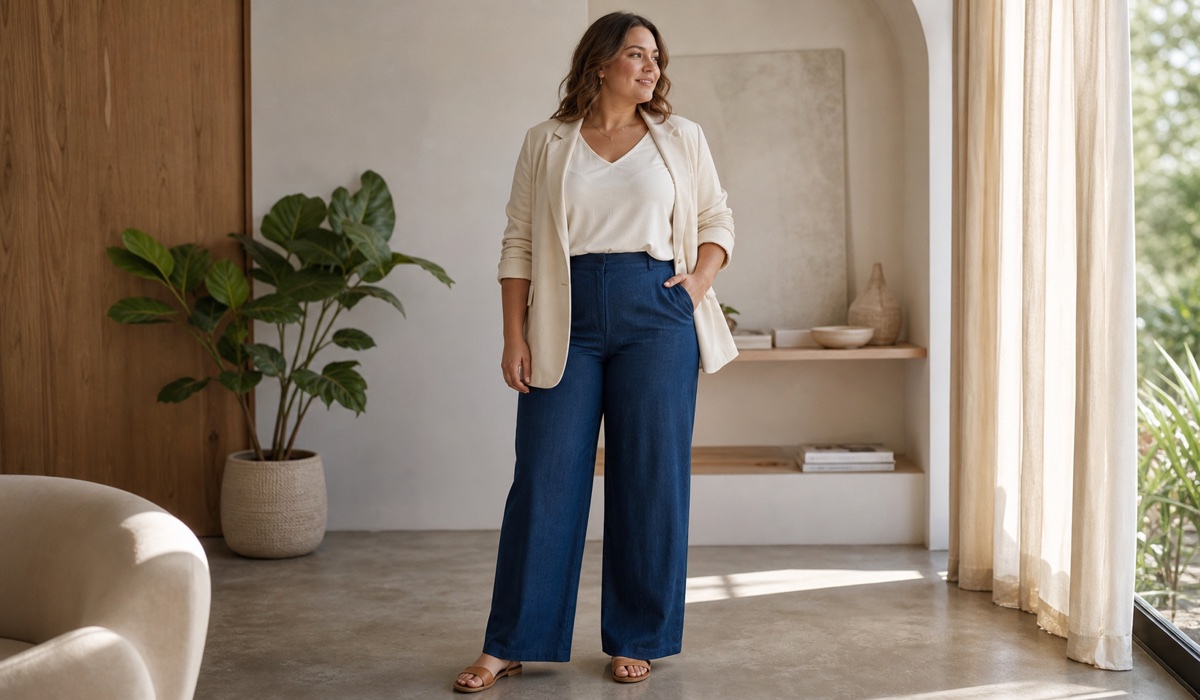 Прямі літні штани Plus Size з легкою блузою і м'яким жакетом