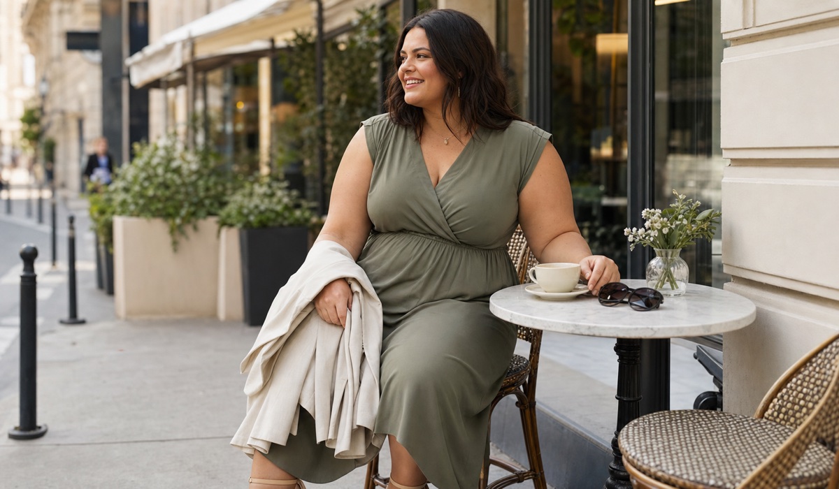 Літній total look Plus Size у місті з сукнею міді та спокійною палітрою