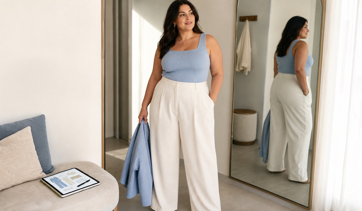 Літній total look Plus Size у примірочній із широкими штанами та м’яким верхом
