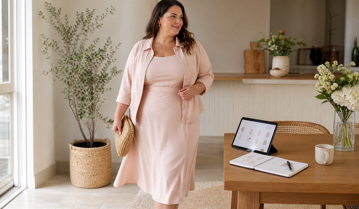 Літній total look Plus Size зі спідницею міді та м’якою капсульною палітрою