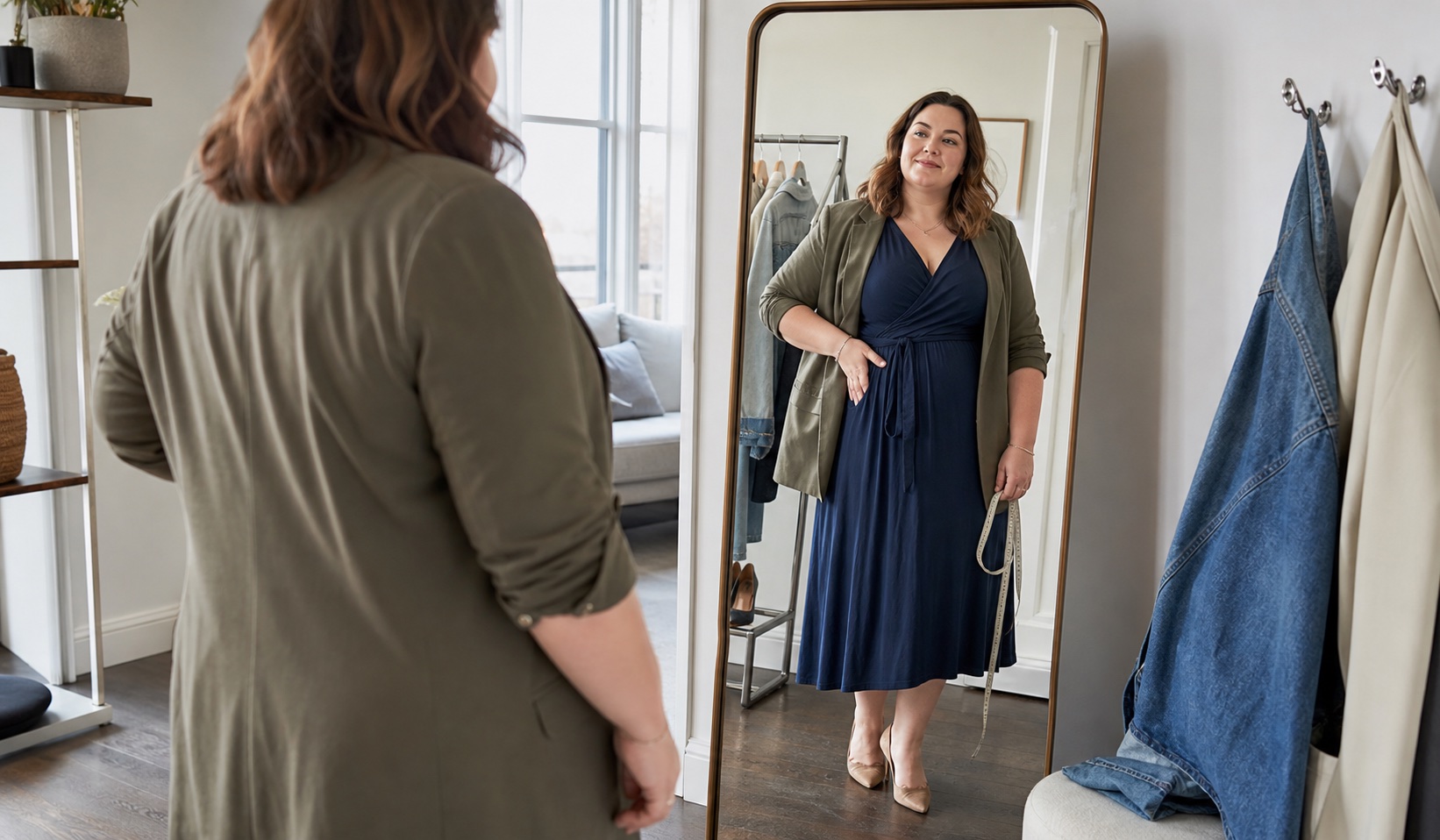 Перевірка посадки Plus Size в дзеркалі перед складанням капсули