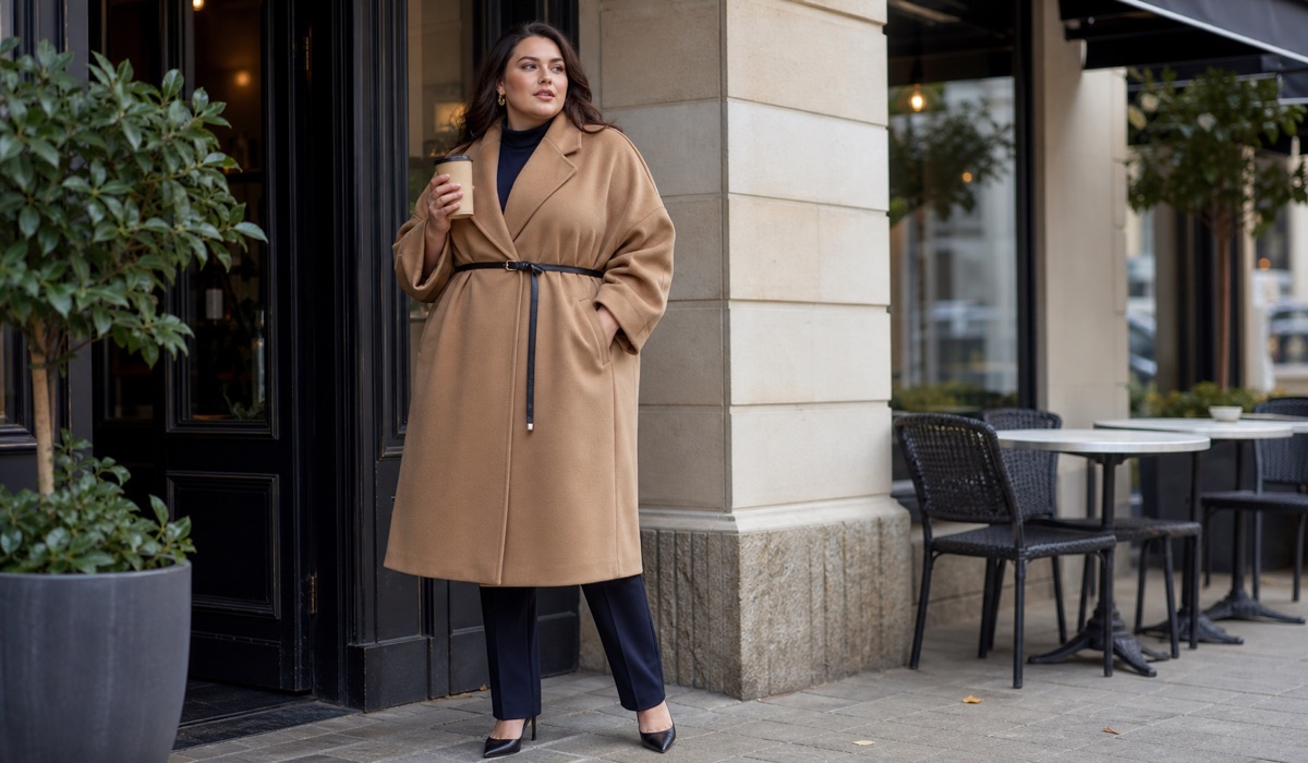 Оверсайз пальто с поясом в образе plus size