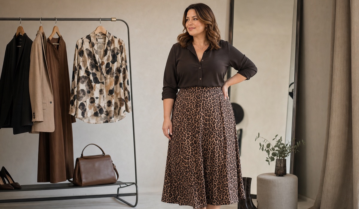 Plus-Size-Look mit Animal-Print und abstrakten Akzenten