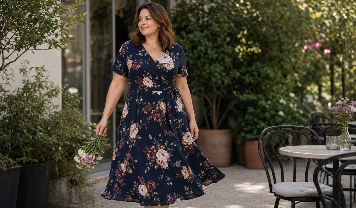Sommerkleid in großen Größen mit Blumenmuster auf dunklem Hintergrund