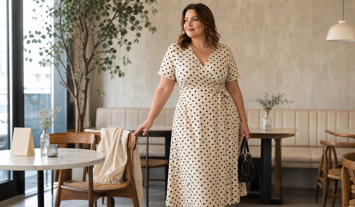 Plus-Size-Kleid mit mittelgroßen Punkten auf neutralem Hintergrund