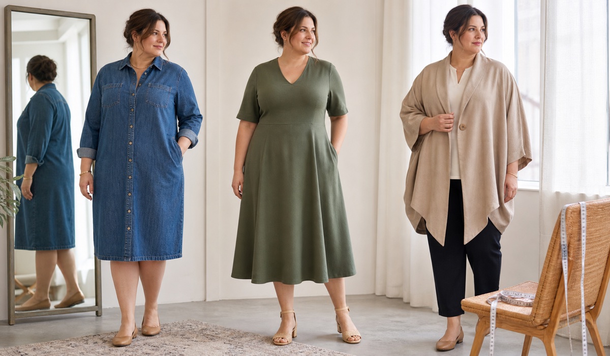 Comparison of silhouettes for Plus Size: straight, A-line, and cocoon
