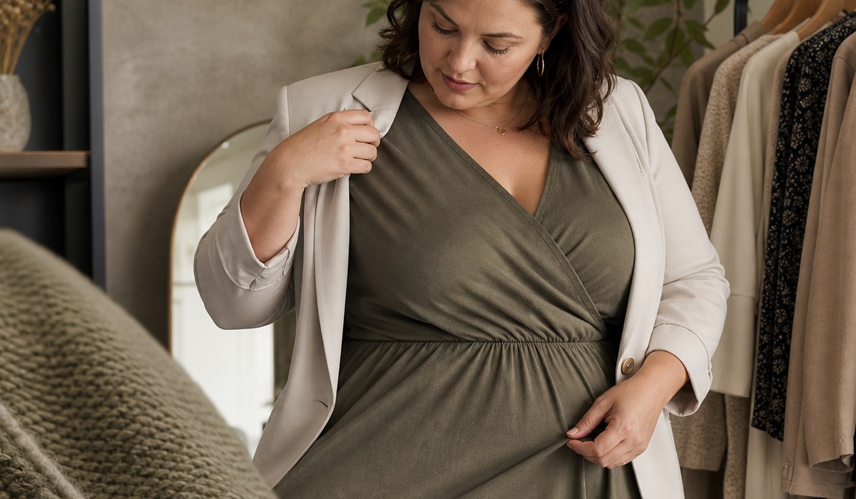 Eine Plus-Size-Frau prüft die Passform eines Kleides und einer Jacke