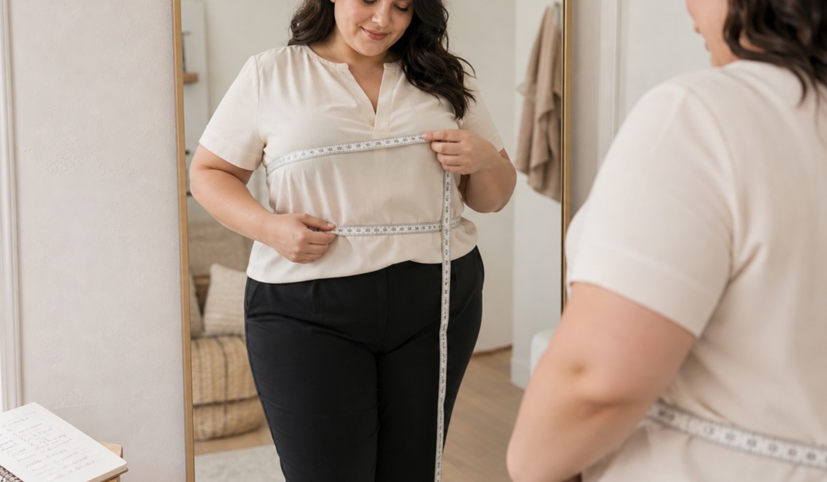 Maße nehmen für Plus-Size-Kleidung vor dem Spiegel
