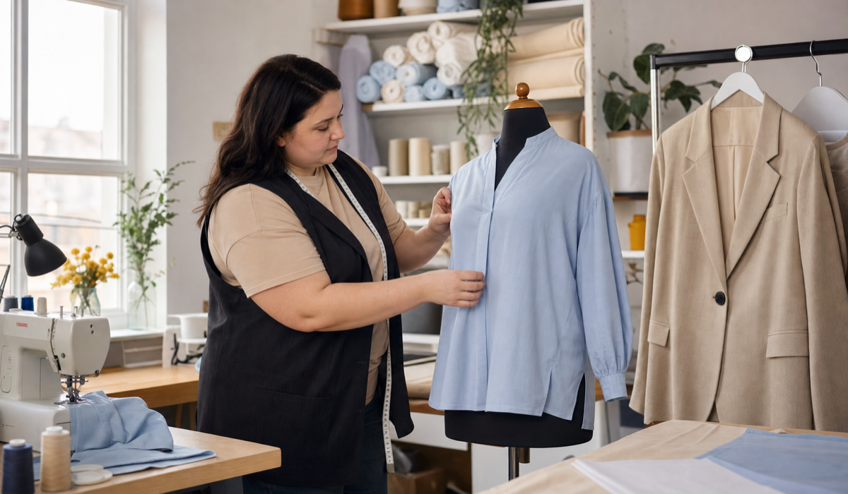 Eine Schneiderin fertigt ukrainische Plus-Size-Kleidung in einem Nähstudio