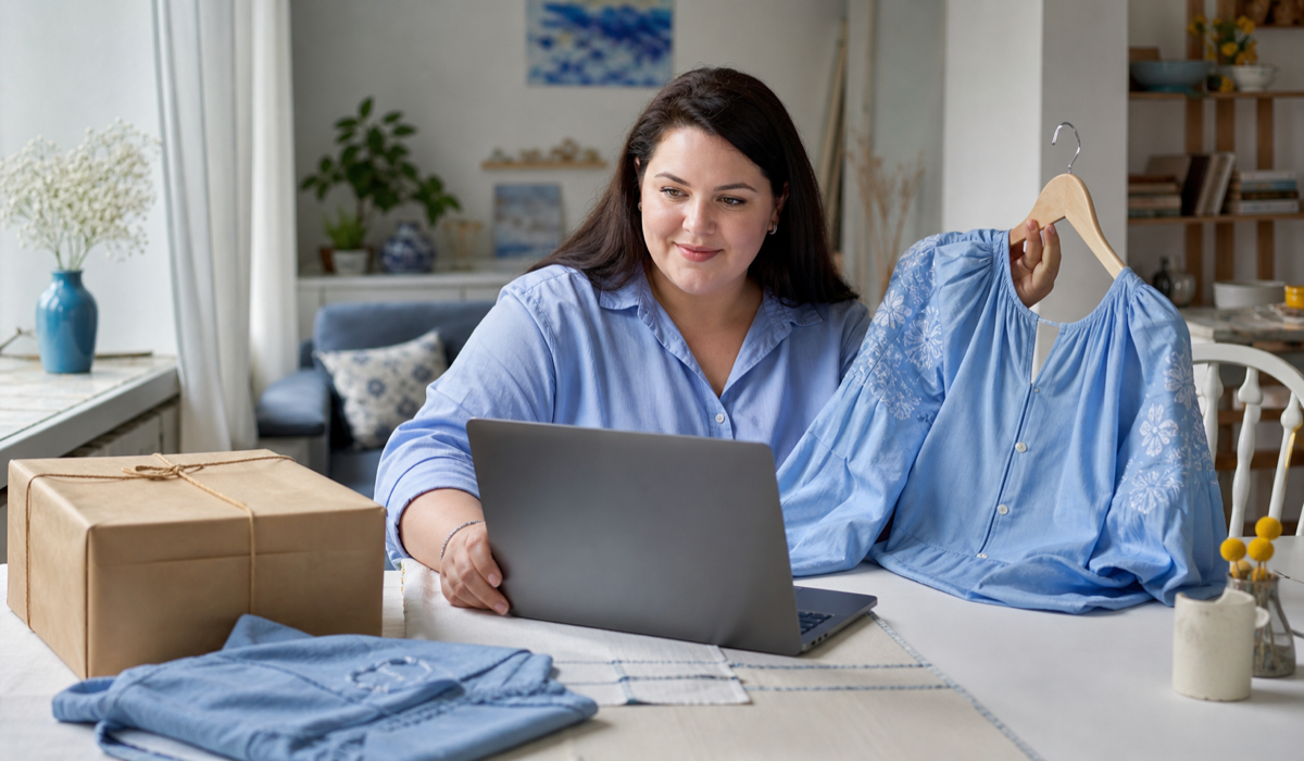 Plus Size Frau wählt ukrainische Kleidung online in einer hellen Wohnung