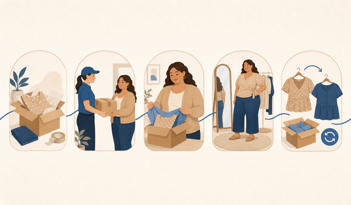 Infografiken mit den einzelnen Schritten der Lieferung, Anprobe und Rückgabe von Plus-Size-Kleidung