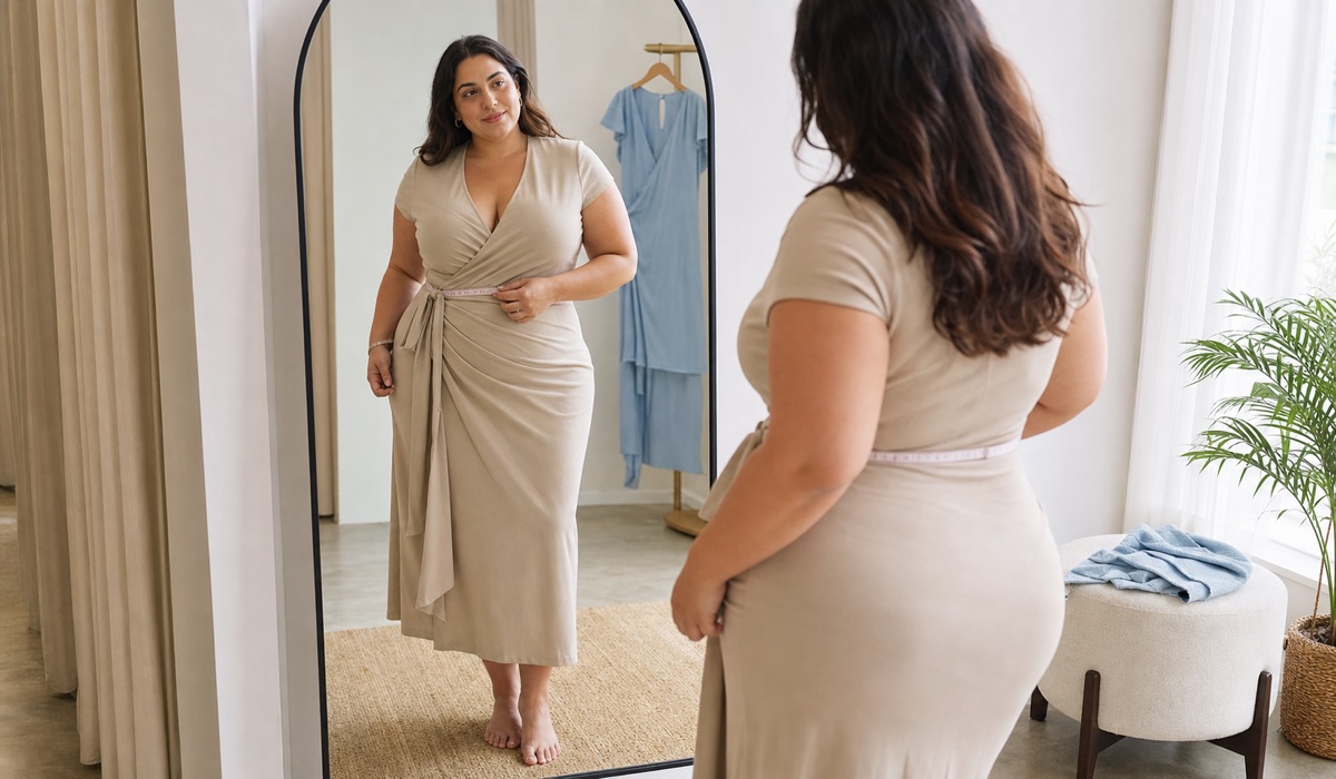 Das Plus-Size-Model in beigem Stoff prüft die Passform in einem Ganzkörperspiegel
