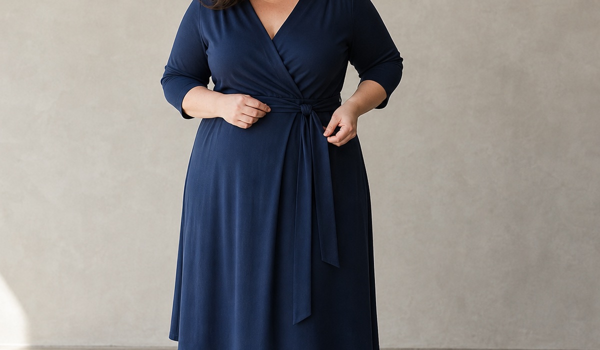 Schnittdetails eines Plus-Size-Kleides mit V-Ausschnitt, Gürtel und Dreiviertelärmeln