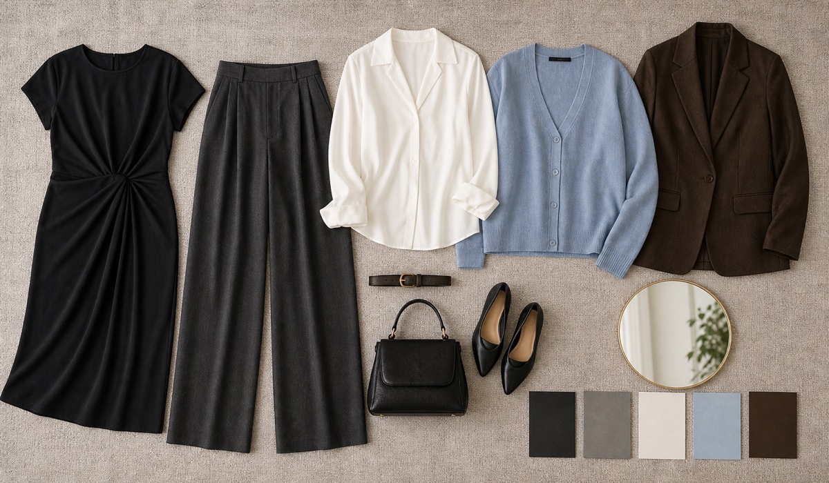 Plus Size capsule wardrobe layout with a dress, trousers, blouse, and jacket