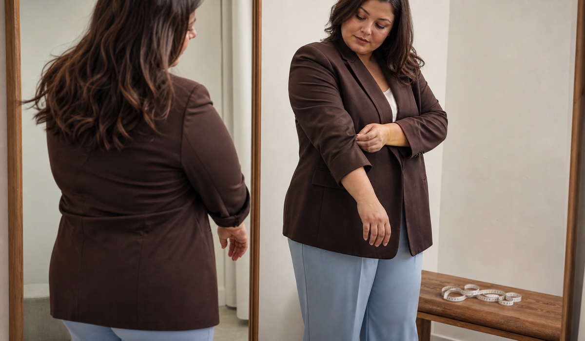 Plus Size woman checks the fit of a jacket and the density of suit fabric