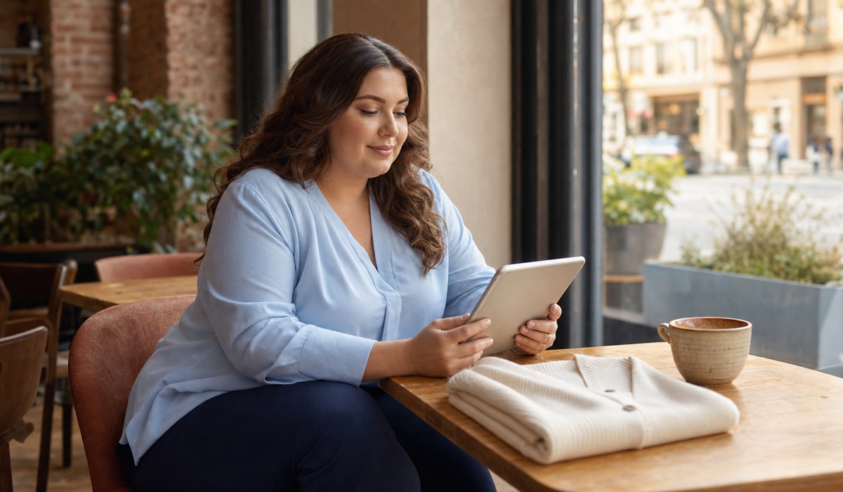 Plus-size woman in a blue blouse chooses clothes on a tablet in a cafe