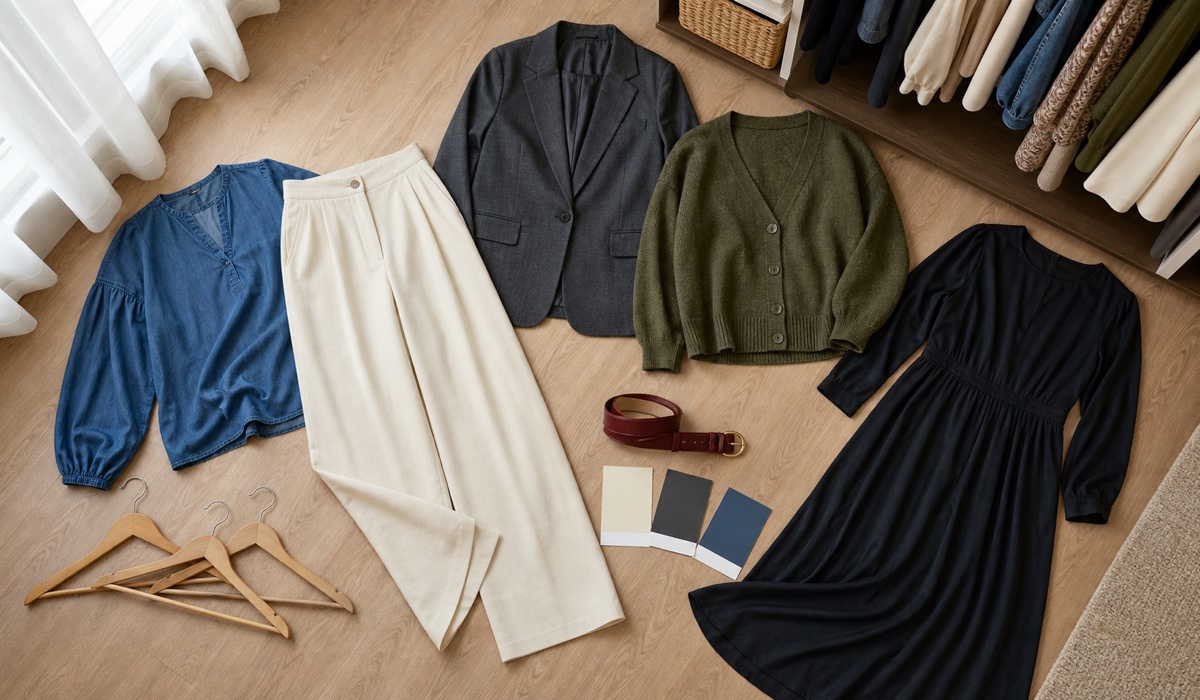 Plus-Size-Kapselgarderobe mit Kleid, Bluse, Hose und Blazer