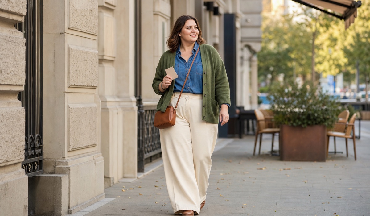 Plus-Size-City-Outfit mit weiter Hose, Bluse und Cardigan