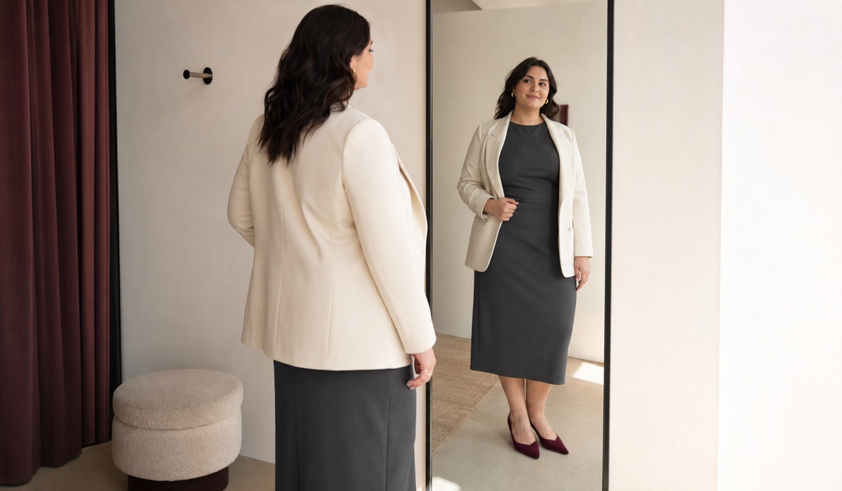 Stilvolles GARNE Plus-Size-Outfit mit Midikleid und Blazer